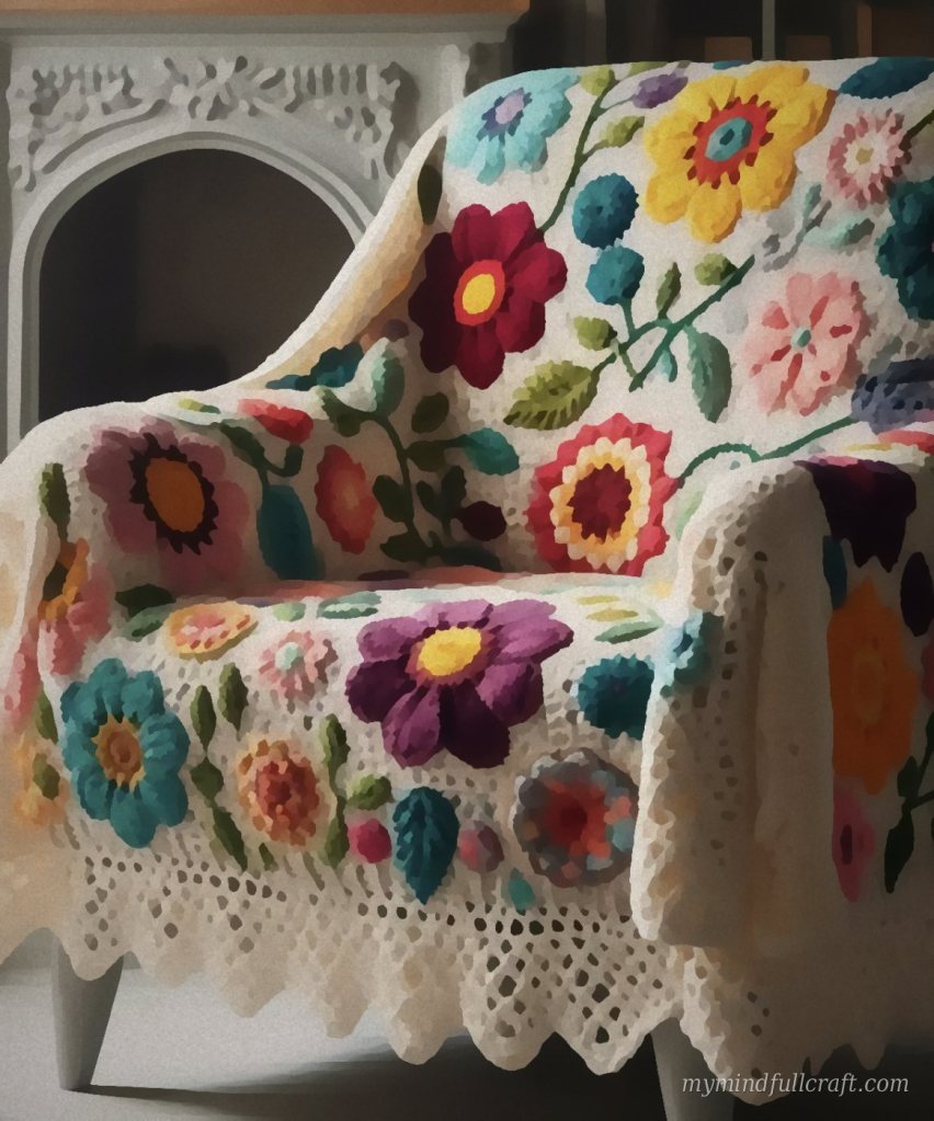 Cream crochet throw with bright flower motifs draped over an armchair